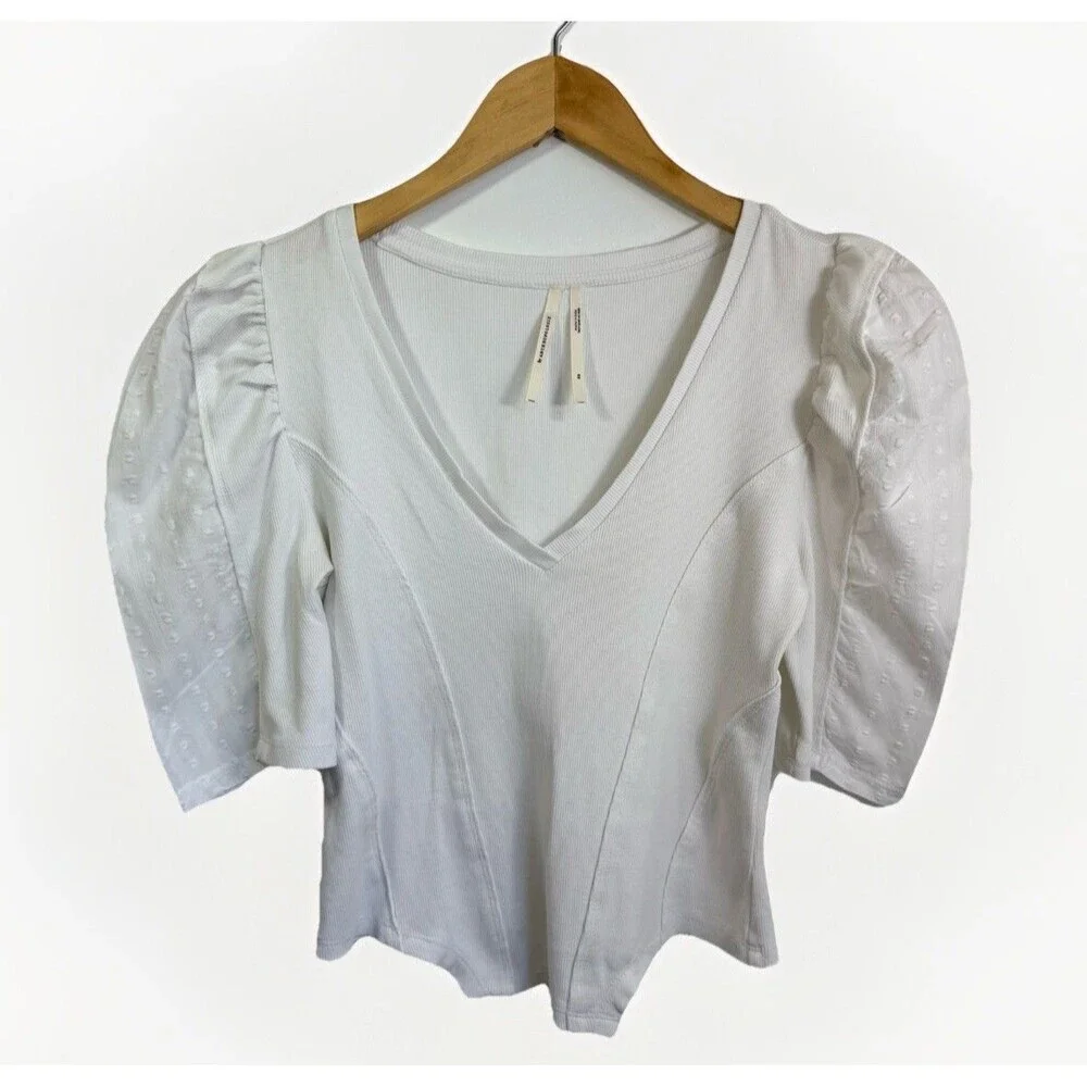 By Anthropologie Puff-Sleeve Structured V-Neck Tee Blouse T-Shirt Ribbed XS